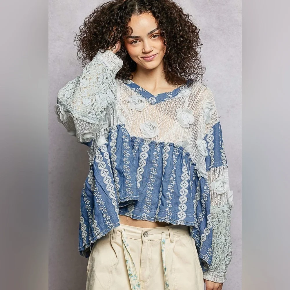 POL Blue Denim and Cream Lace Blouse